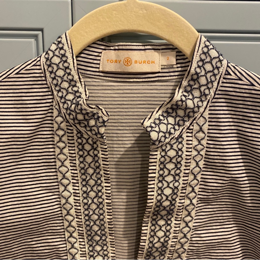 Tory Burch Size 2 Navy & white Cotton Embroidered Striped Long Sleeve Tunic Top